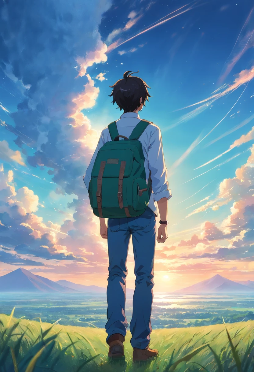 Vast sky, Beautiful skyline, large grasslands, extremely tense and dramatic pictures, moving visual effects, High Polaris, Colorful natural glare. Rear view of a man wearing a long-sleeved white shirt and denim and carrying a backpack next to him