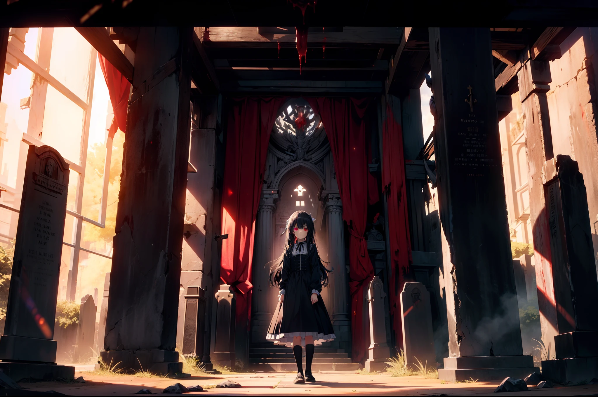 1 loli girl ,standing in front of tombstones and crosses ,(Faintly emerge from the darkness), bloody body , (from below), character focus,cinematic angle,((Expressionless)) , ((rape eyes)) ,black hair, long hair, ribbon , black dress, red eyes, glowing eyes , Lens Flare ,((background bloody exterior)), high resolution,(incredibly absurdres), (hires.fix:1.3),anime visual,ultra detailed CG unity 8k wallpaper, ((masterpiece)), ((top-quality)), (beautiful illustration), ((an extremely delicate and beautiful))
