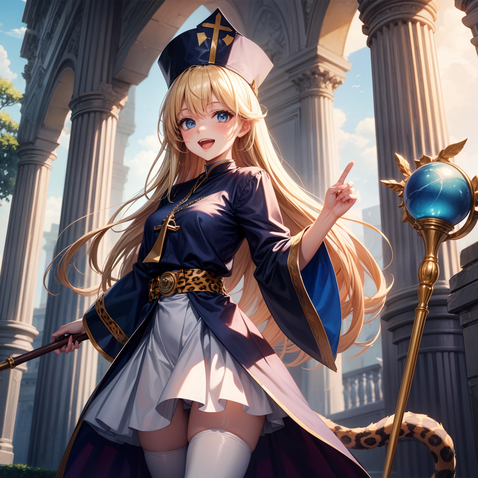 hentai anime style, 2D, anime girl, Best Quality, masterpiece, (1 girl has a tail:1.3),(tail : leopard), blonde hair, long hair, blue eyes, holding Sacred Staff BREAK (white priest clothes:1.2), tall hats BREAK blue skirt, standing, open mouth, smile, hand sign, scenery, look at viewer --auto