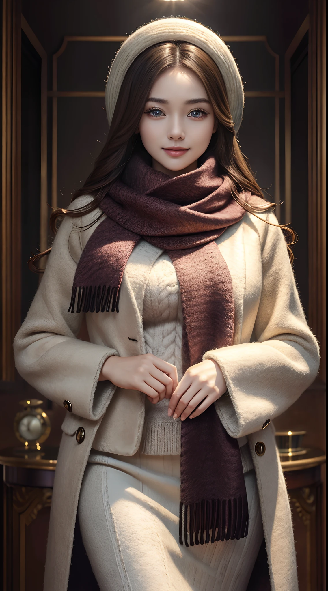 Masterpiece, Best quality, Photorealistic, Ultra-detailed, finedetail, high resolution, 8K wallpaper,The world of wool felt，wool knitted fabric，Beautiful model posed in wool felt scarf，coat large，Slim and tall, Perfect dynamic composition, Beautiful detailed eyes, Smile,