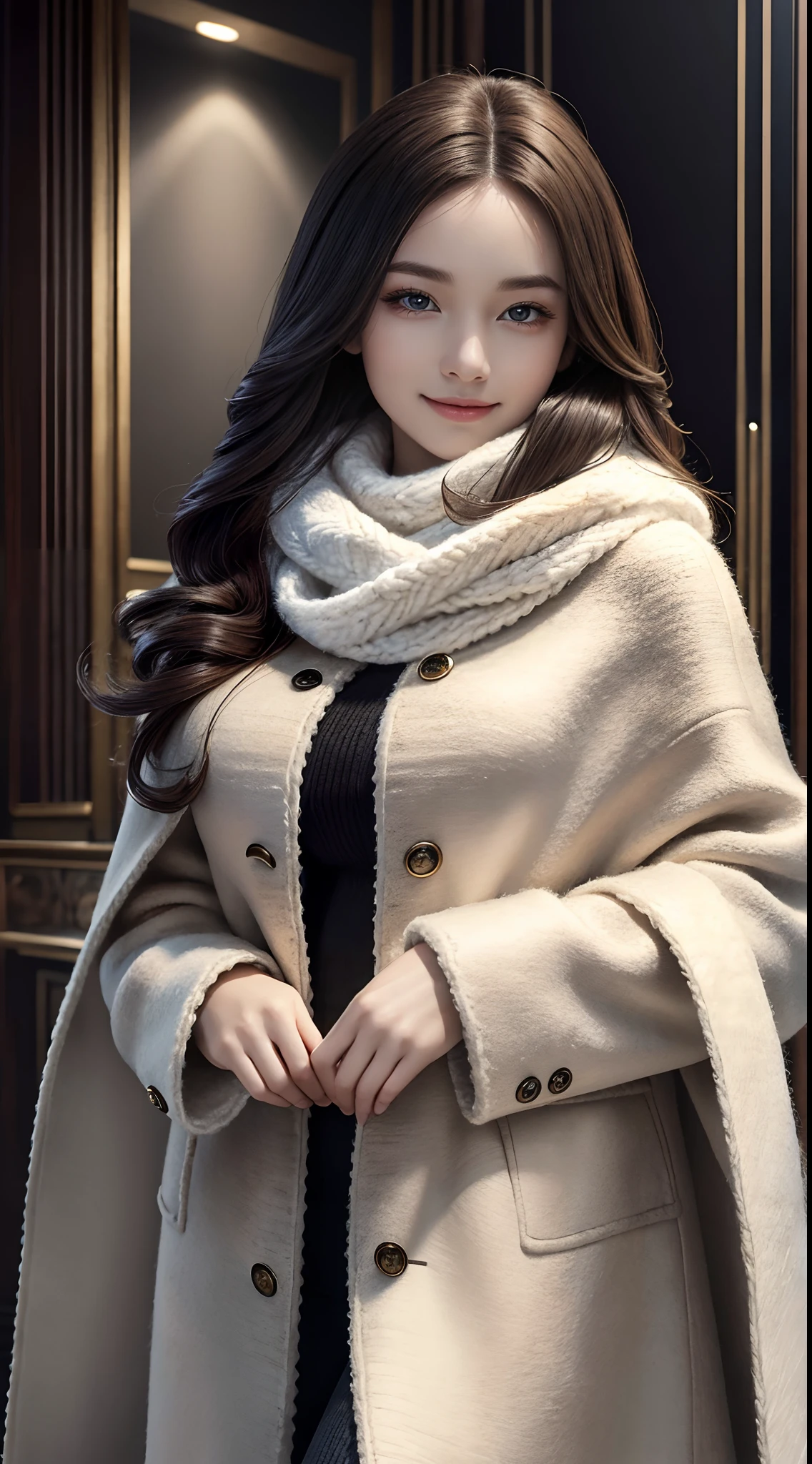 Masterpiece, Best quality, Photorealistic, Ultra-detailed, finedetail, high resolution, 8K wallpaper,The world of wool felt，wool knitted fabric，Beautiful model posed in wool felt scarf，coat large，Slim and tall, Perfect dynamic composition, Beautiful detailed eyes, Smile,