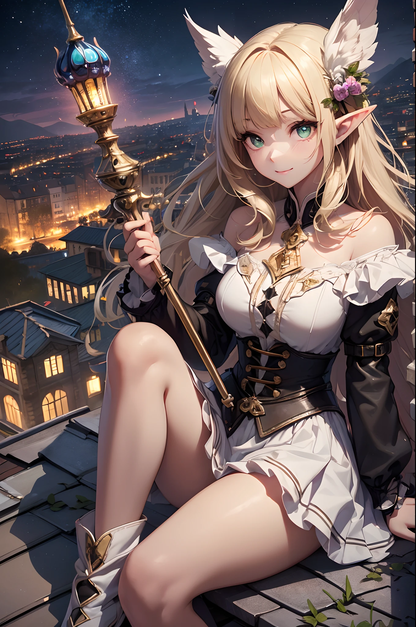 (Official art、Best Quality、Unity 8k Wallpapers、32K、masterpiece、ultra-detailliert、超A high resolution、realisitic、Photorealsitic:1.2)、(Cinematic lighting:1.2)、Fireglow effect、film grains、Best Shadows、Rim lighting、side lights、sideshot、(Ultra-detailed and complex 3D rendering)、Detailed beautiful face and eyes、Sharp pupils、Realistic pupils、A slender、1Man Woman、Medium bust、(Full body:1.2)、 Highly detailed background、beauitful face、16-year-old beautiful girl、(super detailed skin、detailed skin textures:1.3)、Half Blonde、Colorful hair、Blunt bangs、green colored eyes、elf-ears、magical girl costume、white shirt、Costumes with frills、frills skirt、knee sox、(thighs thighs thighs thighs:0.8)、Black boots、(Medieval city at night、On the roof of the tower:1.4)、(carrying a magical staff:1.3)、(Looking away、overlooking a city:1.3)、Fantastical、Gentle smile、I opened my mouth a little.