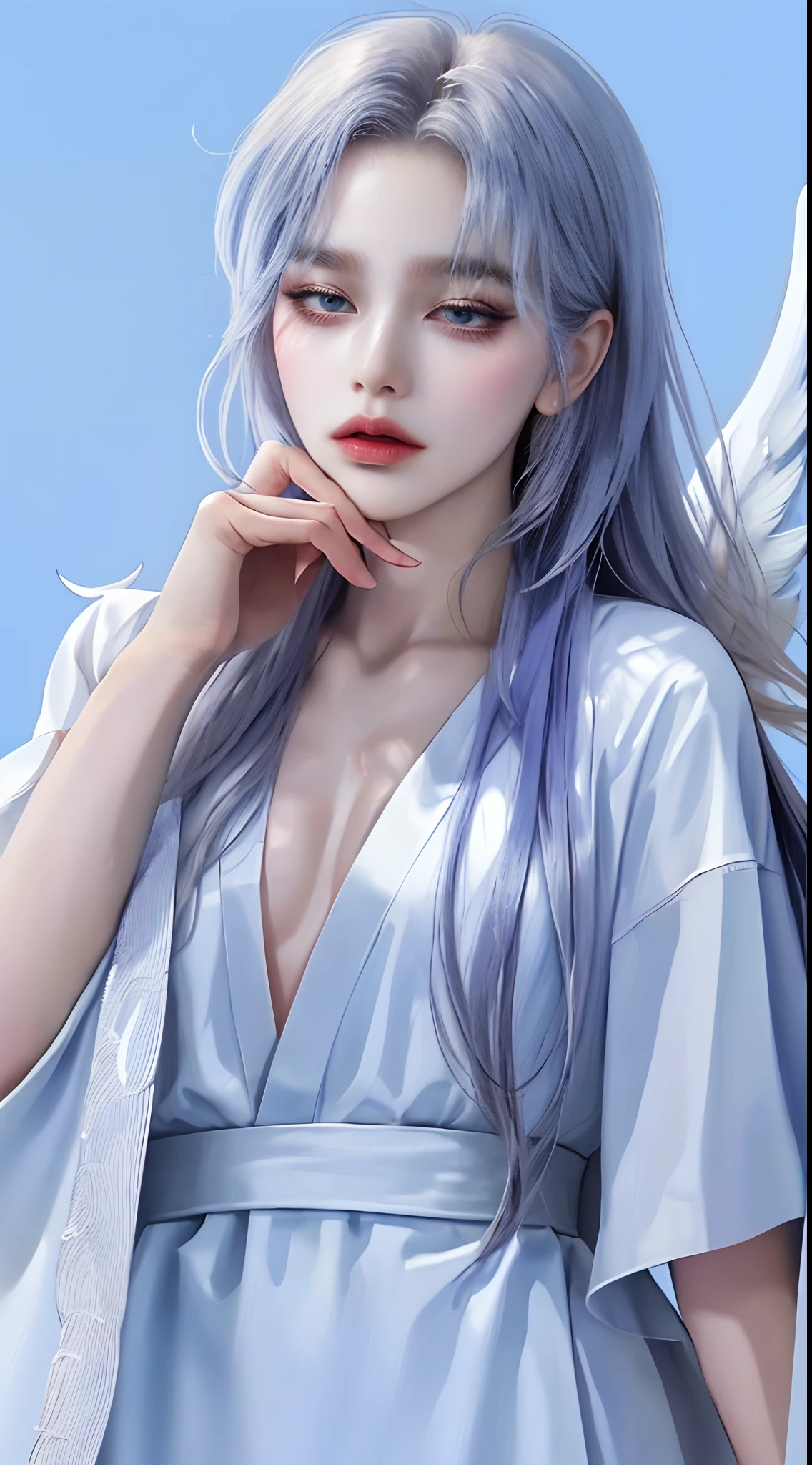 ((4K works))、masterpiece、(top-quality)、((high-level image quality))、((one beautiful women))、Slim body、((Black Y Shirt Fashion))、(Detailed beautiful eyes)、Fantastic background、((Face similar to Chaewon in Ruseraphim))、((length hair))、((bright silver hair))、((Smaller face))、((Neutral face))、((Light blue eyes))、((Korean Women))、((18year old))、((Wild Lady))、((Glaring at him with a savage look))、((Korean makeup with black eyeshadow))、((elongated and sharp eyes))、((Shot alone))、((Fallen Angel))、((Fallen Angel Woman))、Photos of fallen angels、Villain、Fantastic photos