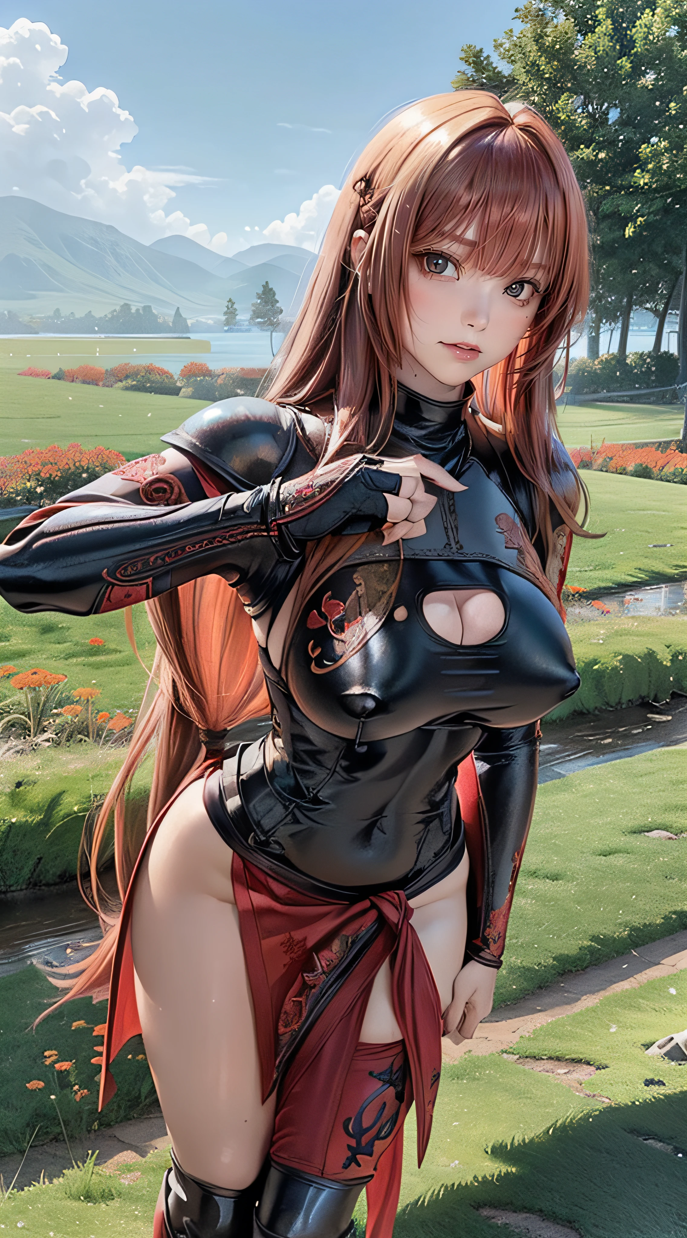 ((from below:1.2),(looking at viewer:1.8)),(1girl,(curvy:1.2),petite,beautiful breasts,(large breasts:1.5),pale skin,pointy breasts,(erect nipples),sweat),((clothed:1.5),leather boots,leather gauntlet,(carbon armor:1.5),(red embroidered white rash guard:1.5),(long silk sarong:1.5))),(((realistic),high resolution,best quality,masterpiece)),((extra long hair:1.5),hair blowing in the wind,blunt bangs,(extra light coppery red hair),hair over one eye),get down on one knee,(leaning forward),Brave stance,(water,(meadow:1.2))