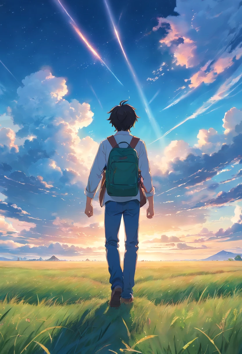 Vast sky, Beautiful skyline, large grasslands, extremely tense and dramatic pictures, moving visual effects, High Polaris, Colorful natural glare. Rear view of a man wearing a long-sleeved white shirt and denim and carrying a backpack next to him