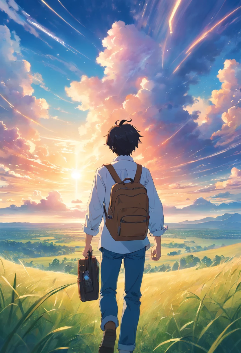 Vast sky, Beautiful skyline, large grasslands, extremely tense and dramatic pictures, moving visual effects, High Polaris, Colorful natural glare. Rear view of a man wearing a long-sleeved white shirt and denim and carrying a backpack next to him