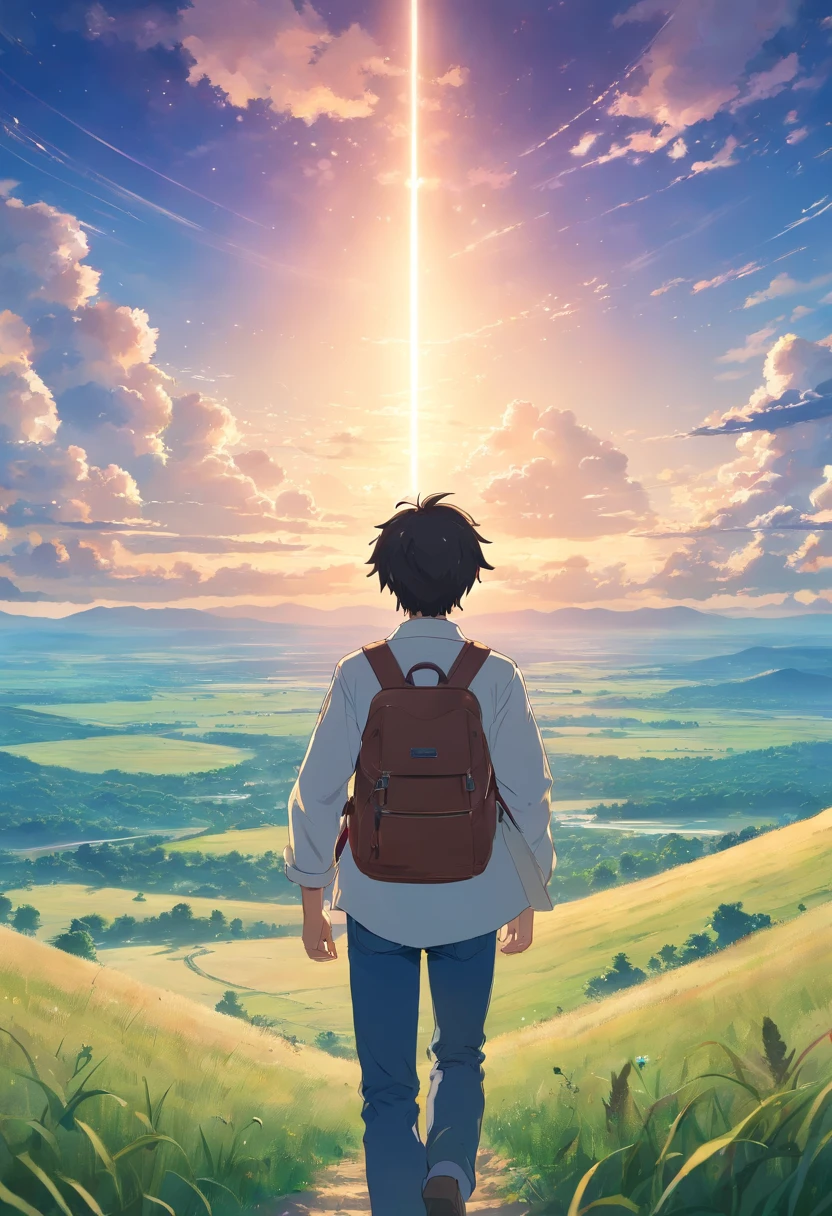 Vast sky, Beautiful skyline, large grasslands, extremely tense and dramatic pictures, moving visual effects, High Polaris, Colorful natural glare. Rear view of a man wearing a long-sleeved white shirt and denim and carrying a backpack next to him