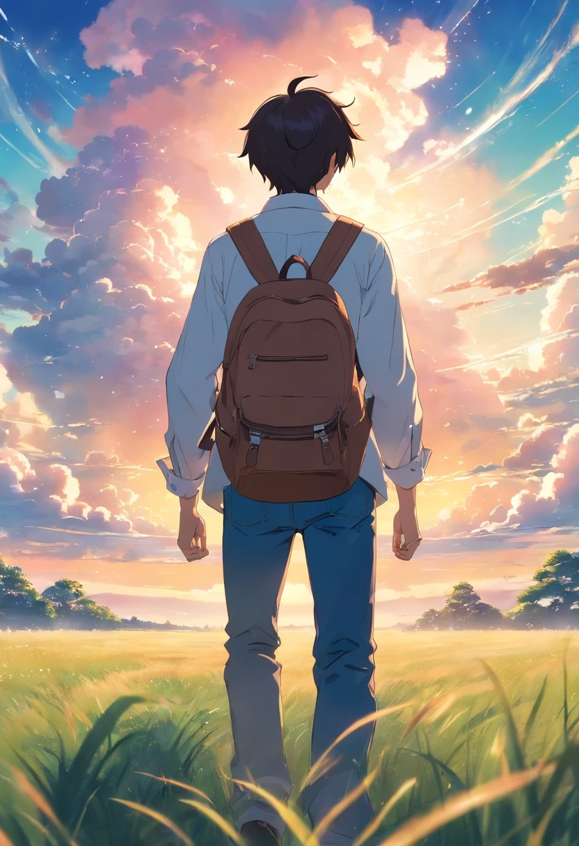 Vast sky, Beautiful skyline, large grasslands, extremely tense and dramatic pictures, moving visual effects, High Polaris, Colorful natural glare. Rear view of a man wearing a long-sleeved white shirt and denim and carrying a backpack next to him