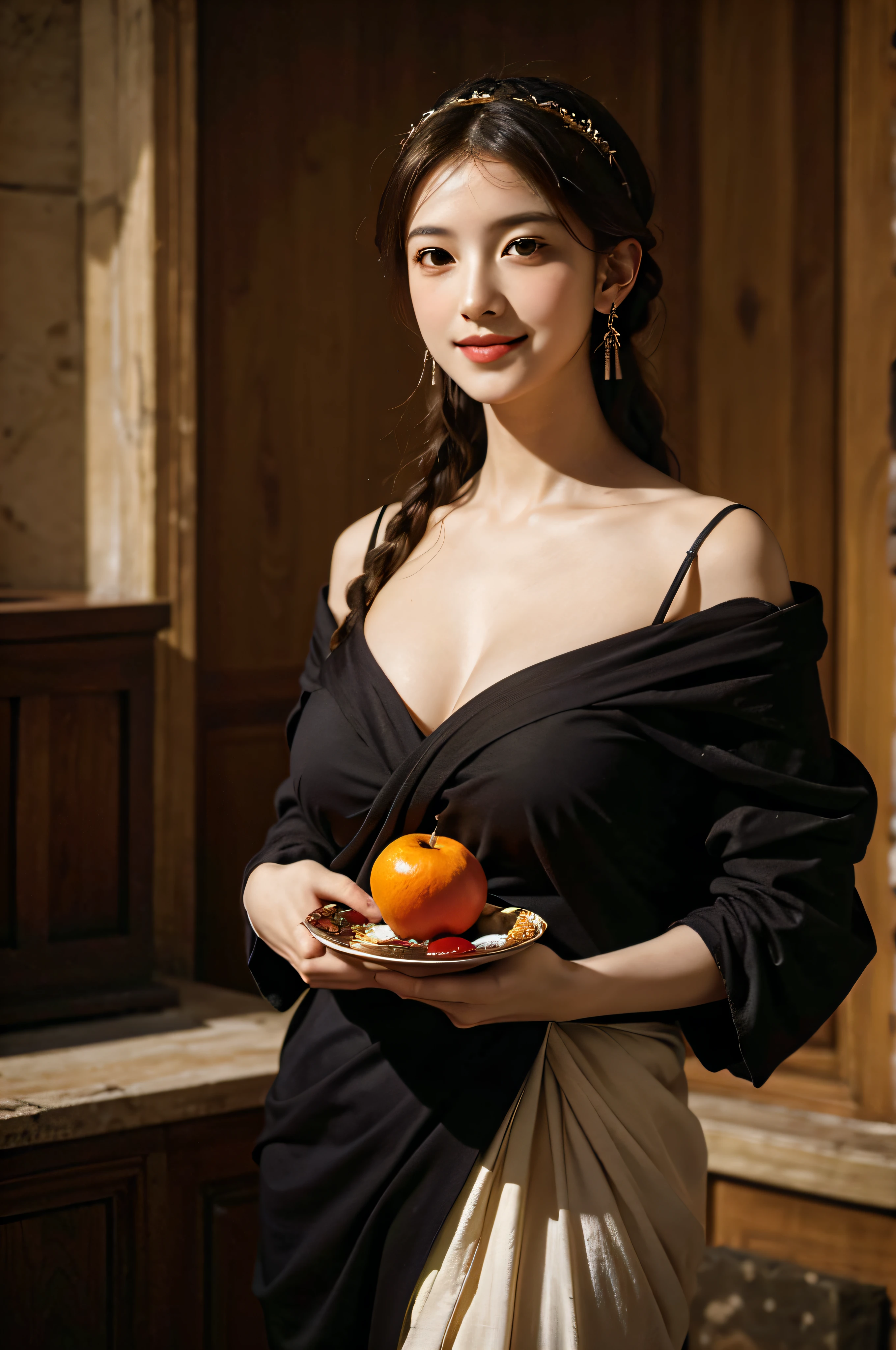 ancient greek clothes,femele,Pure smile, Caravaggio's paintings,florals,fruits,Big breasts