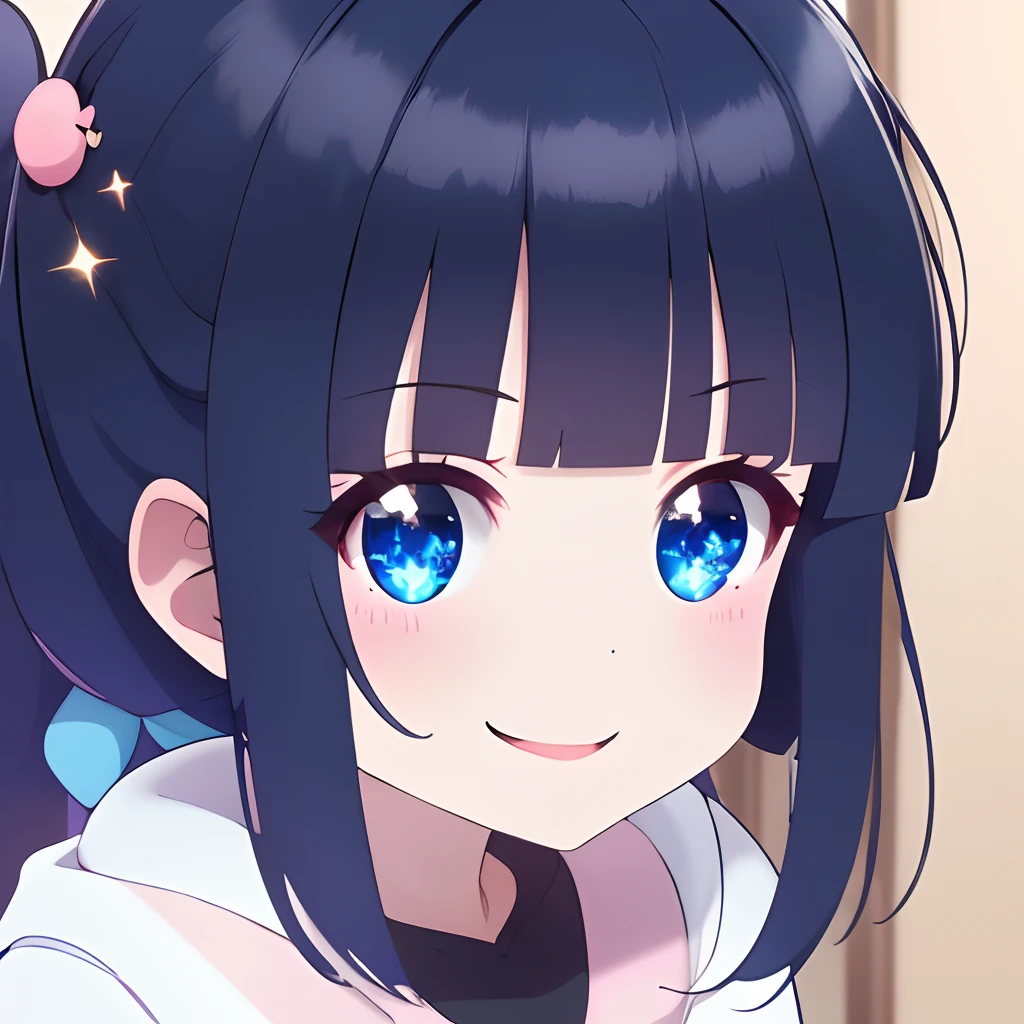 (masterpiece,best quality,ultra_detailed, highres, absurdres:1.2),Emoticon packages,1girl, solo, smile, bangs, sparkle, blunt_bangs, blue_eyes