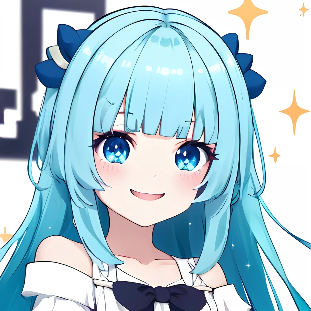 (masterpiece,best quality,ultra_detailed, highres, absurdres:1.2),Emoticon packages,1girl, solo, smile, bangs, sparkle, blunt_bangs, blue_eyes