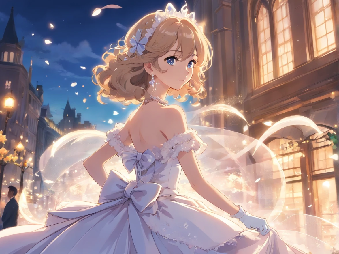 Best quality, Masterpiece, a stunningly beautiful Greer Grammer as a royal bride wearing a stately and elaborate royal wedding dress of white satin and tulle adorned with huge ribbon bows, lace, frills, flounces, embroidery and jewels, with enormous puffed sleeves, an hourglass waist and a voluminous crinoline hoopskirt, bustle, and train, long white gloves, pearl necklace and earrings, elaborately curled and styled hair
