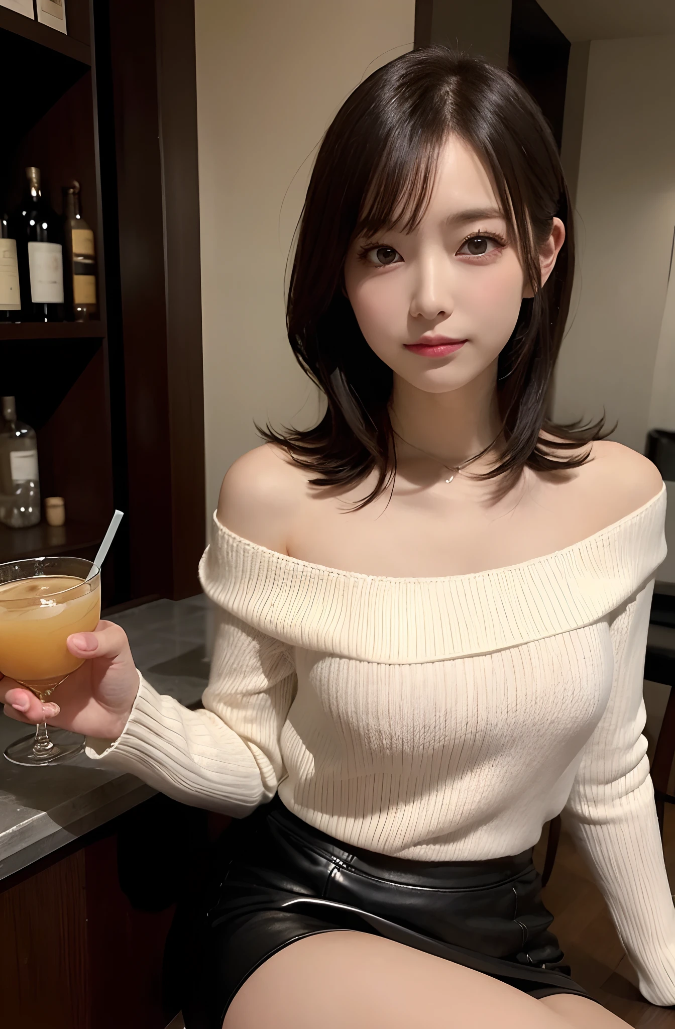(one male individual、1 female:1.5)、(sexy pose)、(masutepiece:1.5)、(top-quality:1.5)、(16k wallpaper:1.2)、(Photorealsitic:1.2)、(ultra-detailliert:1.2)、(超A high resolution:1.2)、super-detaild skin、Detailed and clean eyes、Mirrored room、on the beds、Natural Color Lip、(spreading legs:1.3)、(pantyshot:1.3)、(White off-shoulder knit:1.2)、Black leather miniskirt and knee-length boots、Semi-long bob hair、large full breasts、drinking cocktail、Seen from below、embarrassing smile
