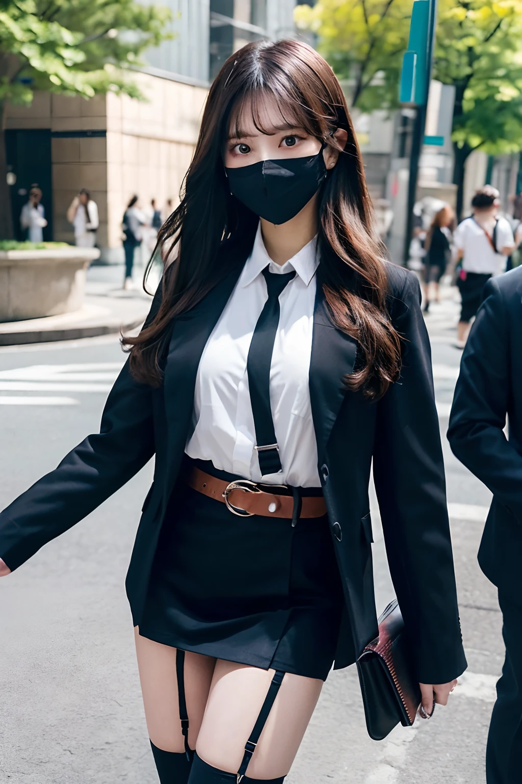 ​masterpiece、top-quality、The ultra -The high-definition、、colourfull、flat-colors、depth of fields、lens flare 1 girl、、A dark-haired、watching at viewers　Suits　Cutter shirt　a belt　suspenders　working adults　materia　OL　Black Suit　Black jacket　glares　huge-breasted　a miniskirt　garterbelts　knee high　Stockings　Black Neeso Mask　Colorcon