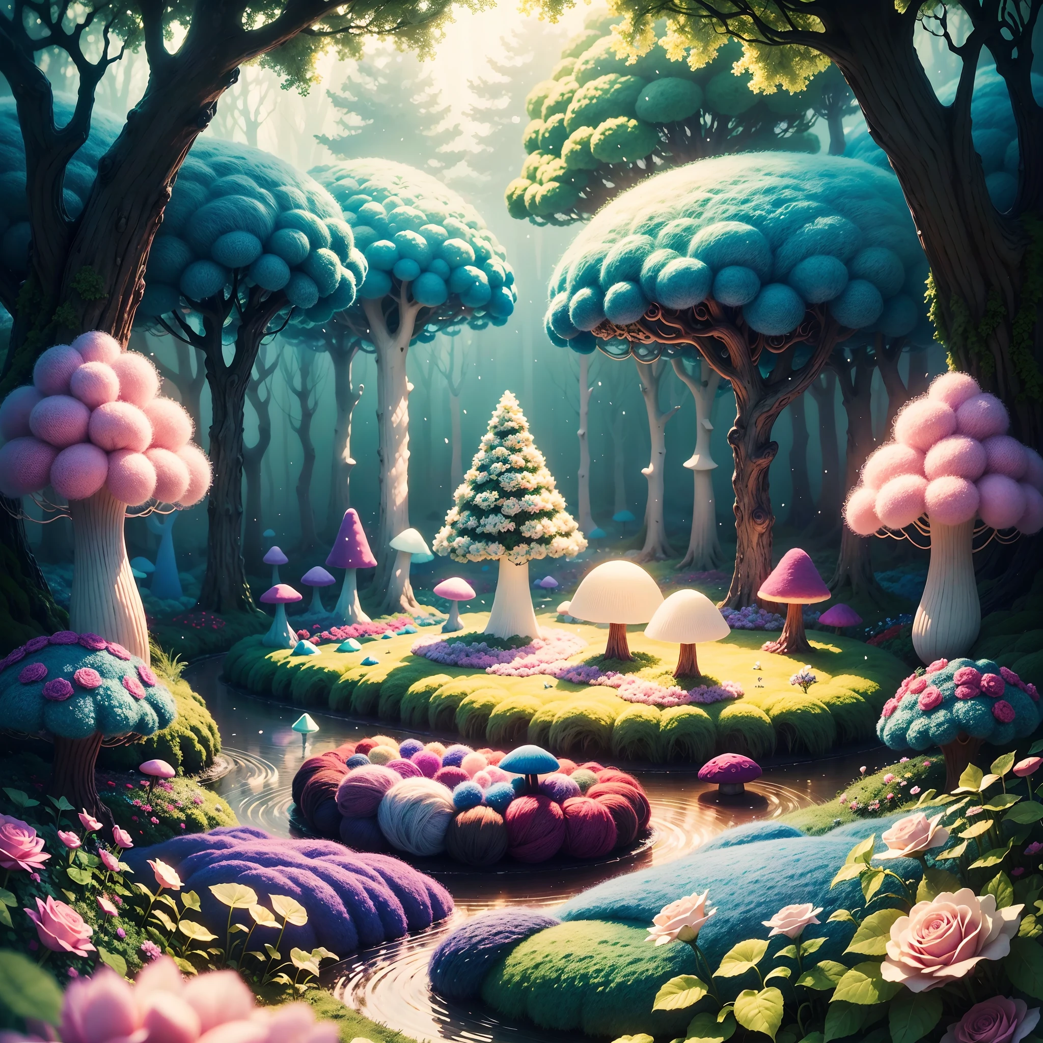 Wool felt animation,Dreamy Wonderland,an enchanted forest,Superb needlework details,Imaginative landscape,Soft touch,Knitted fabric makeover,Subtle lighting effects,A saturated color palette,Hand-dyed wool fibers,Rose garden,Lush greenery, Vibrant mushrooms, fresh flowers，The magical world of wool felt.