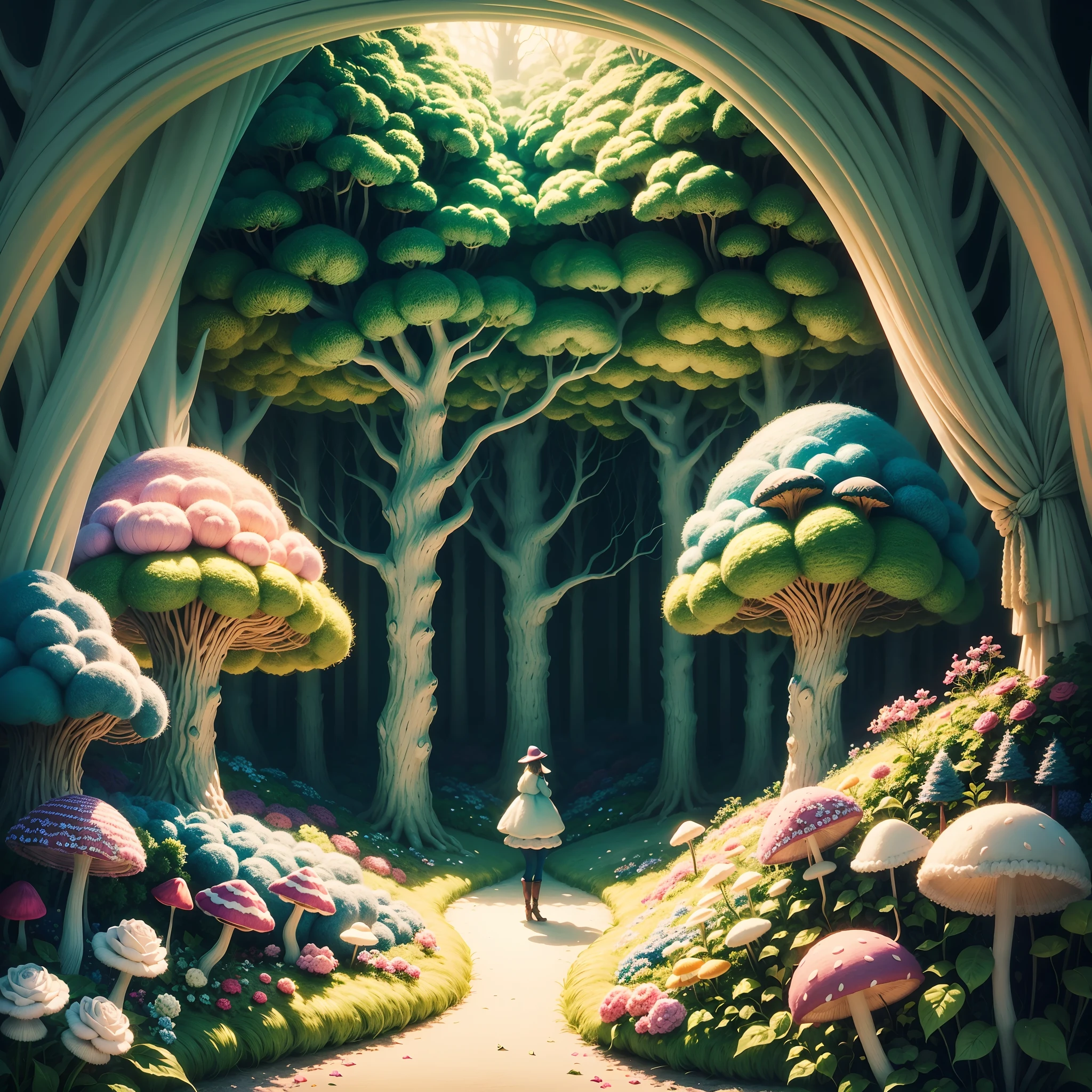 Wool felt animation,Dreamy Wonderland,an enchanted forest,Superb needlework details,Imaginative landscape,Soft touch,Knitted fabric makeover,Subtle lighting effects,A saturated color palette,Hand-dyed wool fibers,Rose garden,Lush greenery, Vibrant mushrooms, fresh flowers,The magical world of wool felt.
