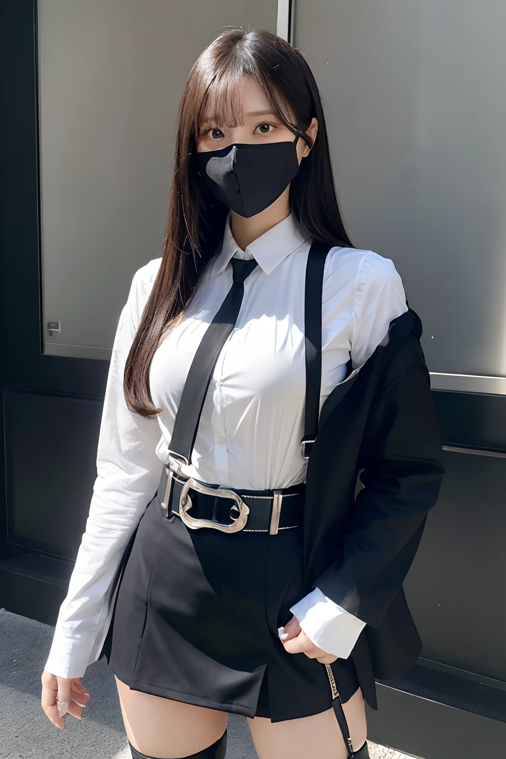 masterpiece、top-quality、The ultra -The high-definition、、colourfull、flat-colors、depth of fields、lens flare 1 girl、、A dark-haired、watching at viewers Suits Cutter shirt a belt suspenders working adults materia OL Black Suit Black jacket glares huge-breasted a miniskirt garterbelts knee high Stockings Black Neeso Mask Colorcon