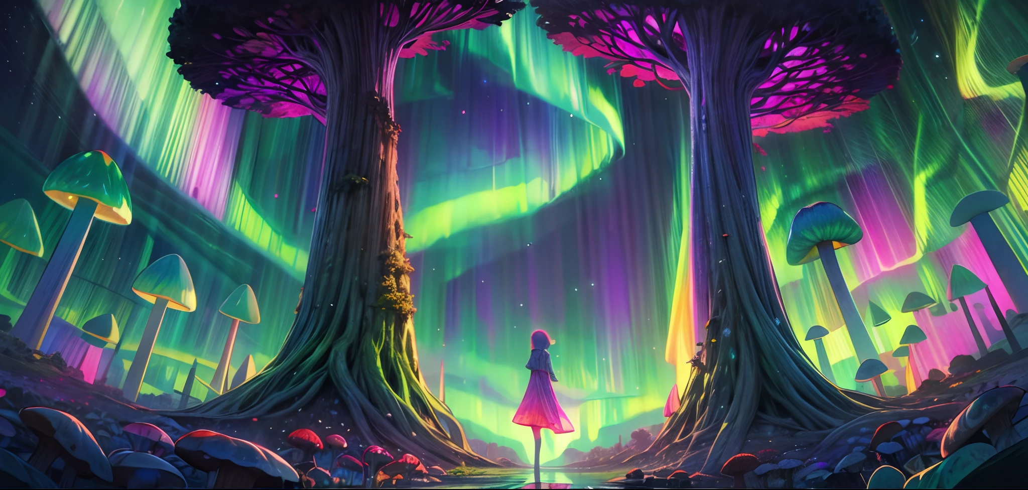 masterpiece, concept art, ultra-wide shot, (Aurora:1.4), night sky, mushroom forest, mythical, fantasy theme, vibrant color, volumetric lighting, global illumination, reflection, HD