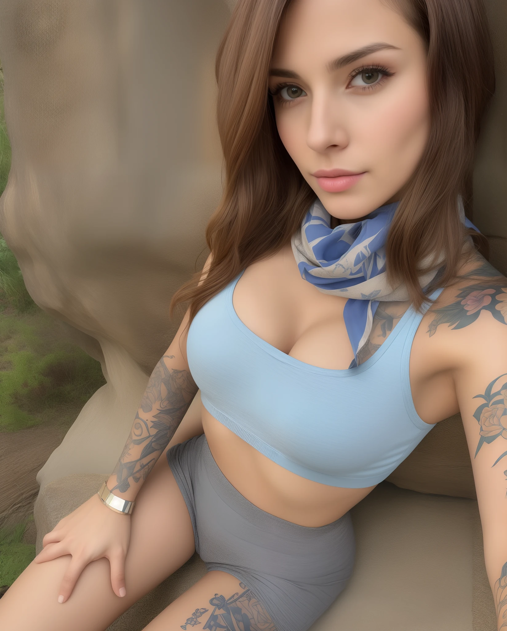 Woman with tattoos sitting on a rock with a scarf around her neck, com tatuagens, menina em forma, Kaitlyn Michelle Siragusa, nas montanhas, modelo fitness, em uma rocha, imagem de perfil, uma montanha parece uma mulher, Coberto, Anna Nikonova aka Newmilky, Camisa de corte e abdominais fortes, Vannessa Ives, ao ar livre