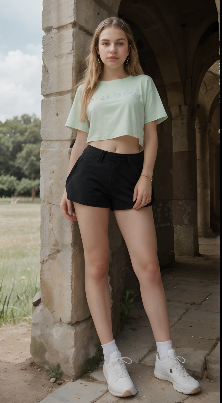 ((Pre-teen)), beautiful girl, model body, freckles on her face, light green eyes, small breasts, large earrings, t-shirt, shorts with black tights, cloth shoes, full body, shot from below, skin very white, very long hair, wavy hair, blonde hair, ancient ruins, photorealistic, indirect lighting, volumetric light, ray tracing, hyperdetailed, best quality, ultra-high resolution, HDR, 8k