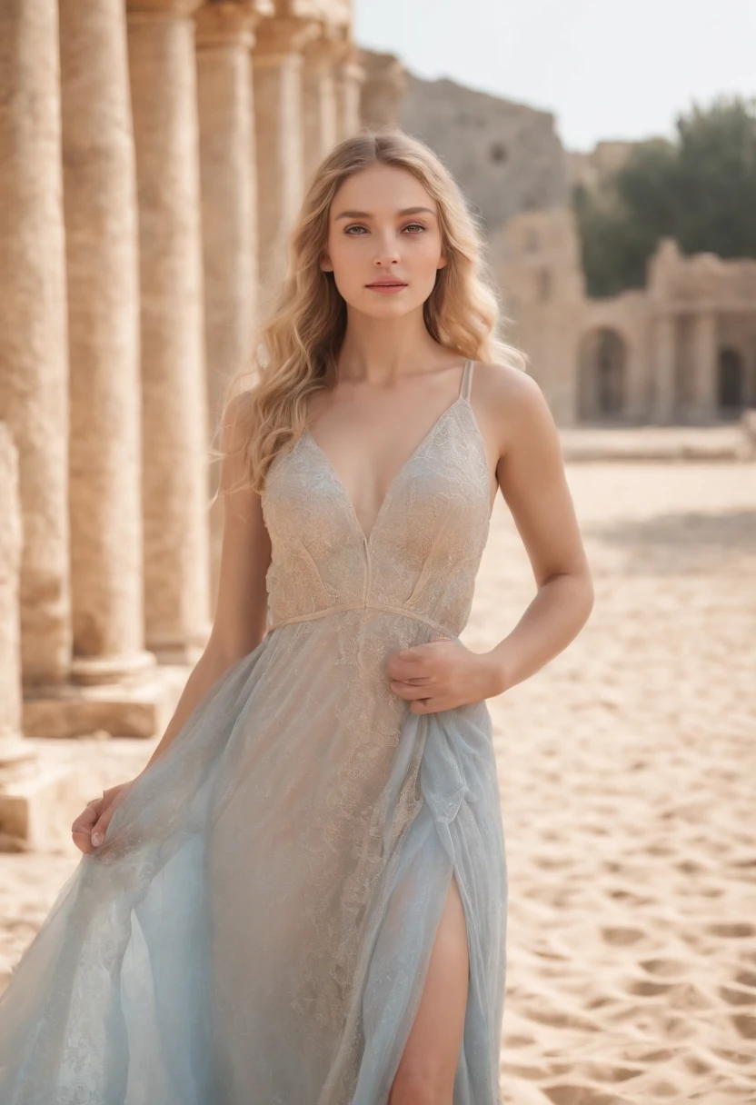 (best quality, highres, masterpiece:1.2), Elsa Karlsson , swedish 25 years old model, with a beautiful black bikini, long blonde hair (dreadlocks) with 22 ahoge hair ornament. She has stunning detailed blue eyes, subtle blush on her cheeks, and delicate lips. on the bikini she wears a trasparent wavy dress. The scene is set in a peaceful sandy mediterranean beach, with ancient greek ruins as in Paestum. The girl is standing amidst a carpet of fallen petals, her gentle smile reflecting the serenity of the moment. The lighting is soft and diffused, creating a warm and inviting atmosphere. The overall style of the artwork is realistic and highly detailed, capturing every delicate stroke and texture. The colors are vivid and harmonious, adding depth and vibrancy to the scene. This masterpiece exudes elegance, grace, and beauty, making it a true masterpiece in every aspect. canon EOS 2000D.