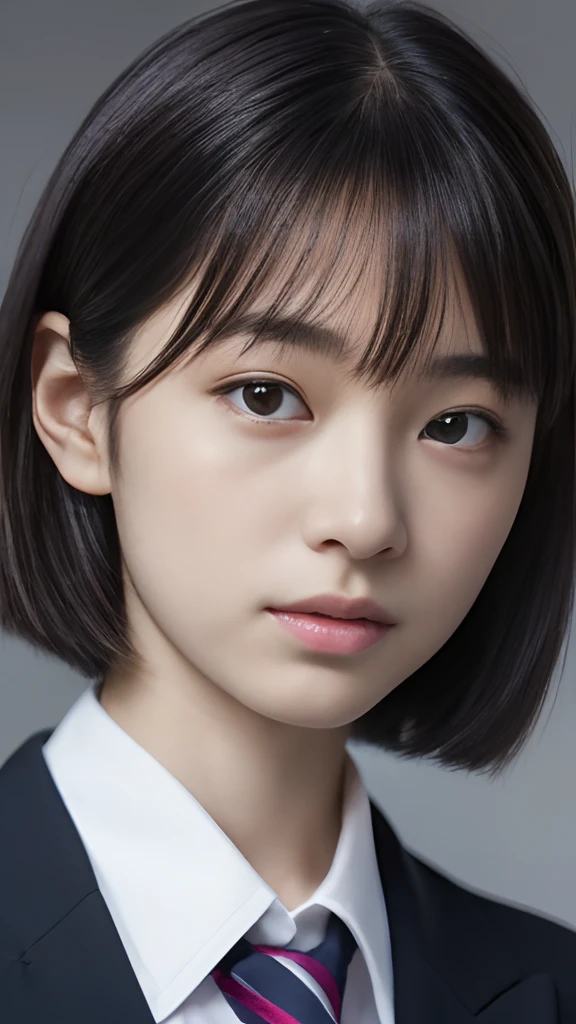 (the Extremely Detailed CG Unity 8K Wallpapers,masutepiece, Best Quality, Ultra-detailed, Looking at the camera, Light on Face, Gray background), 17-year-old female living in Japan, 17 year old woman of innocent student, Hair is black, Hairstyle is semi-long, in school uniform