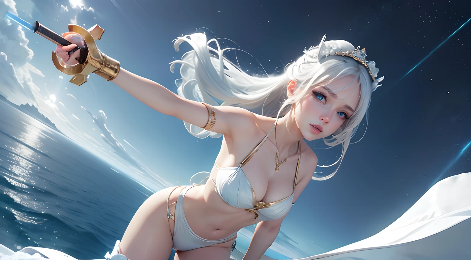 Sexy goddess,best qualityer,Snow-whiteskin,8K high quality,Sexy goddess,A pair of big eyes are beautiful and moving,White skin,Makeup,Sexy outfit,aerial shot,Volt view,Look up,Armed with futuristic modern weapons,gold;jewely;Blue Electric,Space-time gate,milky ways,the ocean,swell sea,lighthouse,The coastline flies over the sea