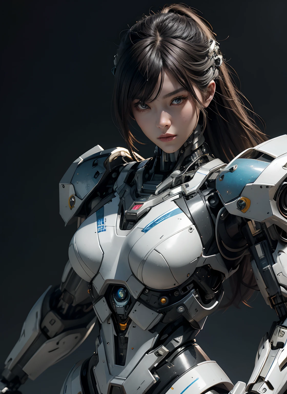 Textured skin, Super Detail, high details, High quality, Best Quality, hight resolution, 1080p, hard disk, Beautiful,(cyborgs),beautiful cyborg woman,Mecha Cyborg Girl,Battle Mode,Girl with a Mecha Body,She wears a battle cyborg mech with a weapon,Fulll body Shot