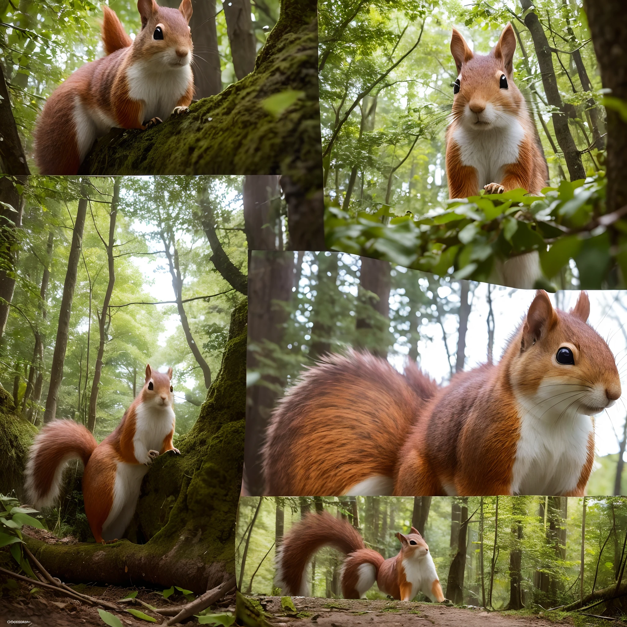 Photo in 8K RAW format, Maximum RAW quality, (view from the observer's side). Image of two squirrels in the forest, Detailed body parts, and heads, detailed hair, highly detailed skin, Image of the highest quality, a masterpiece of photography, real photography.