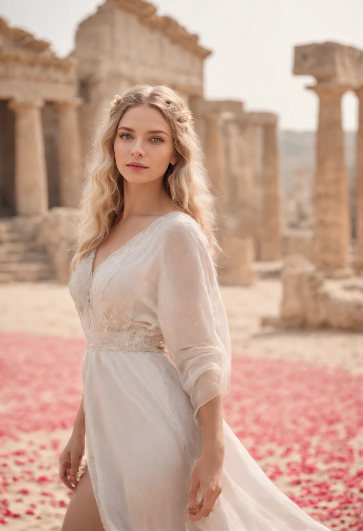 (best quality, highres, masterpiece:1.2), Elsa Karlsson , swedish 25 years old model, with a beautiful black bikini, long blonde hair (dreadlocks) with 22 ahoge hair ornament. She has stunning detailed blue eyes, subtle blush on her cheeks, and delicate lips. on the bikini she wears a trasparent wavy dress. The scene is set in a peaceful sandy mediterranean beach, with ancient greek ruins as in Paestum. The girl is standing amidst a carpet of fallen petals, her gentle smile reflecting the serenity of the moment. The lighting is soft and diffused, creating a warm and inviting atmosphere. The overall style of the artwork is realistic and highly detailed, capturing every delicate stroke and texture. The colors are vivid and harmonious, adding depth and vibrancy to the scene. This masterpiece exudes elegance, grace, and beauty, making it a true masterpiece in every aspect. canon EOS 2000D.