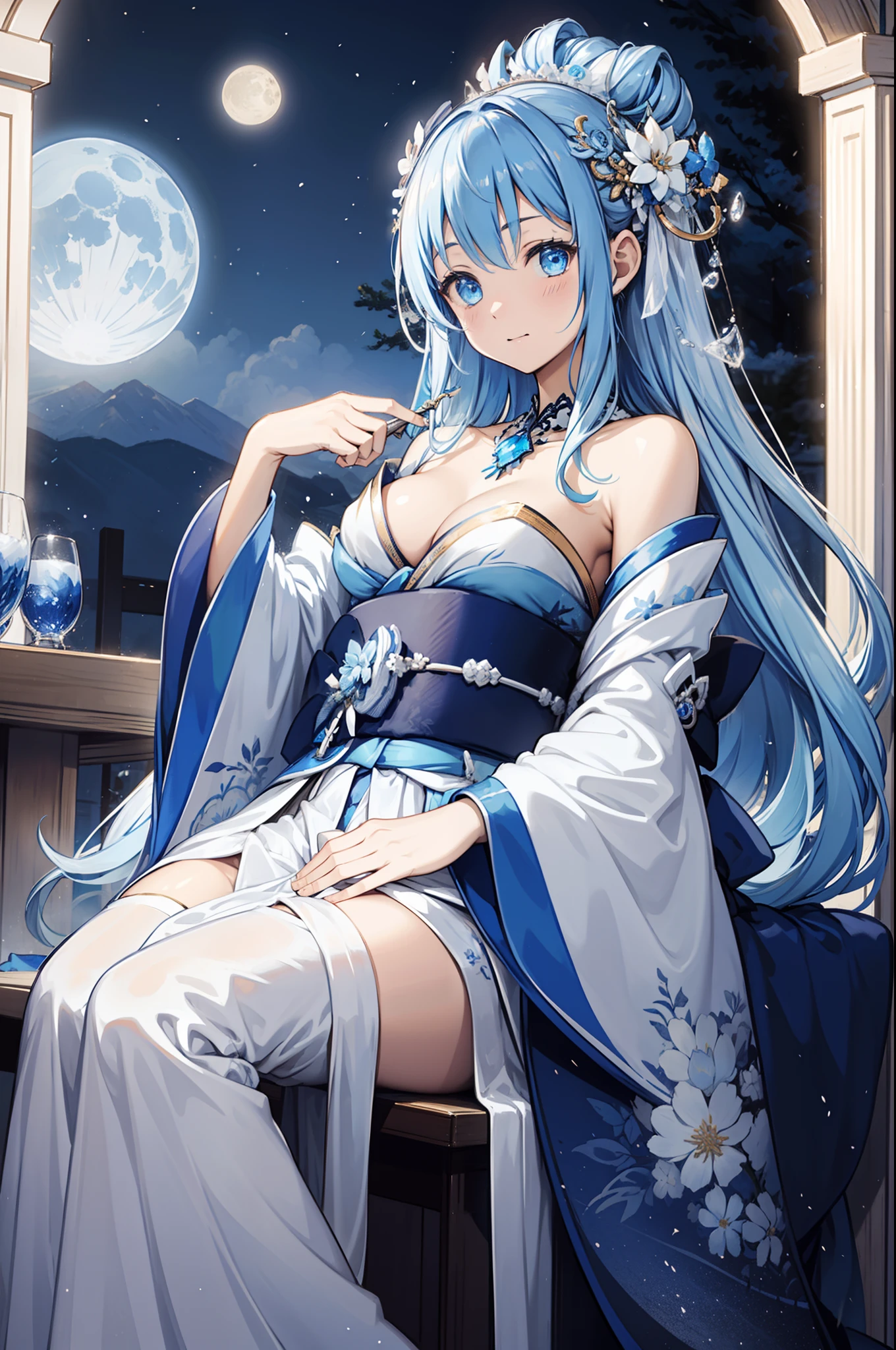 Kimono with dreamy elements,Blue and white transparent cloth,Light-colored hair,Enchanted,ellegance,White Moon,the night,Translucent clothing,faeries