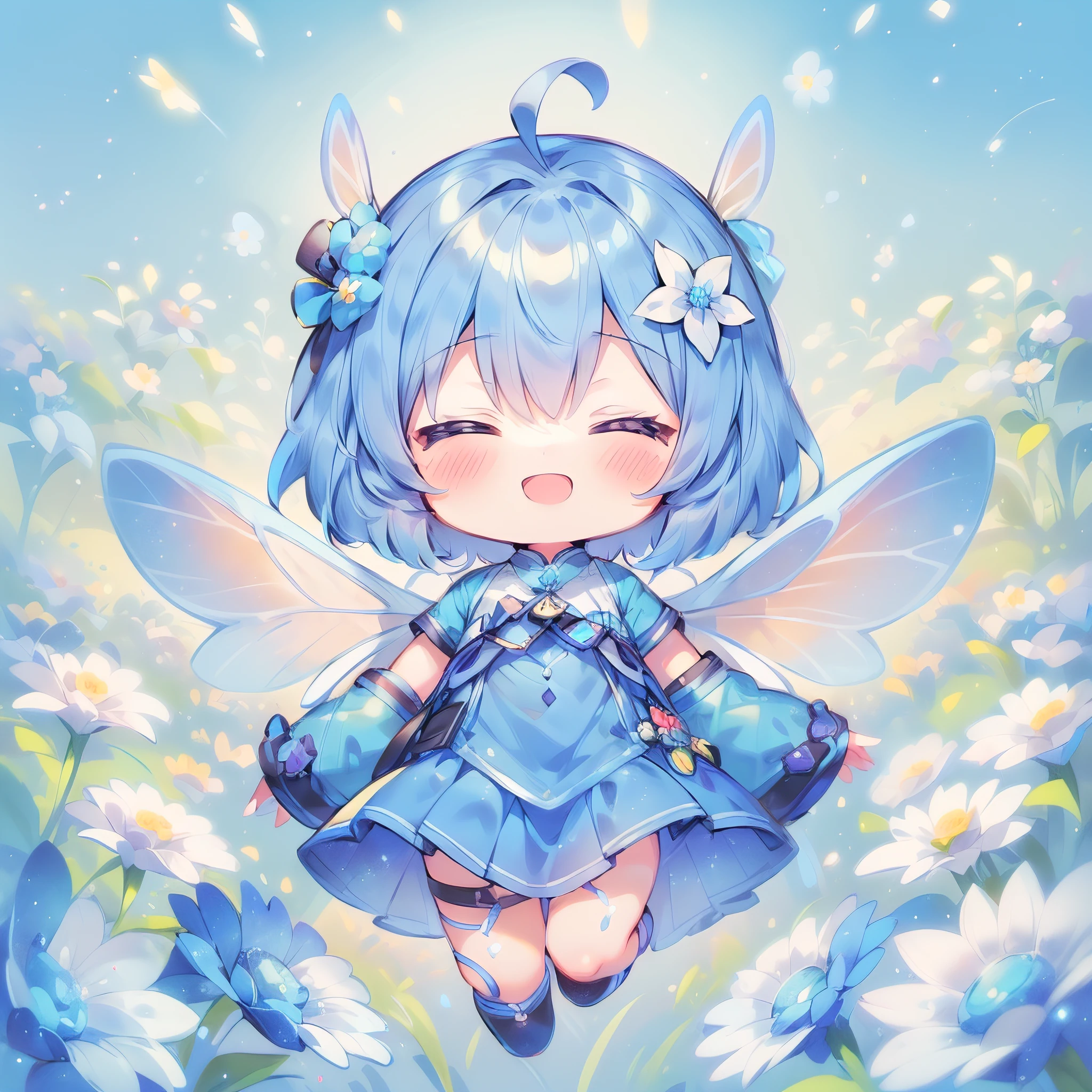 (((masterpiece))), best quality, extremely detailed, (glowing blue bee costume:1.2), (glowing bee wings), (((a girl))), (((solo))), happy, jumping, (((blue short hair))), closed eyes, full body, ahoge, (((deformed))), (((chibi character))), (((flower field))),