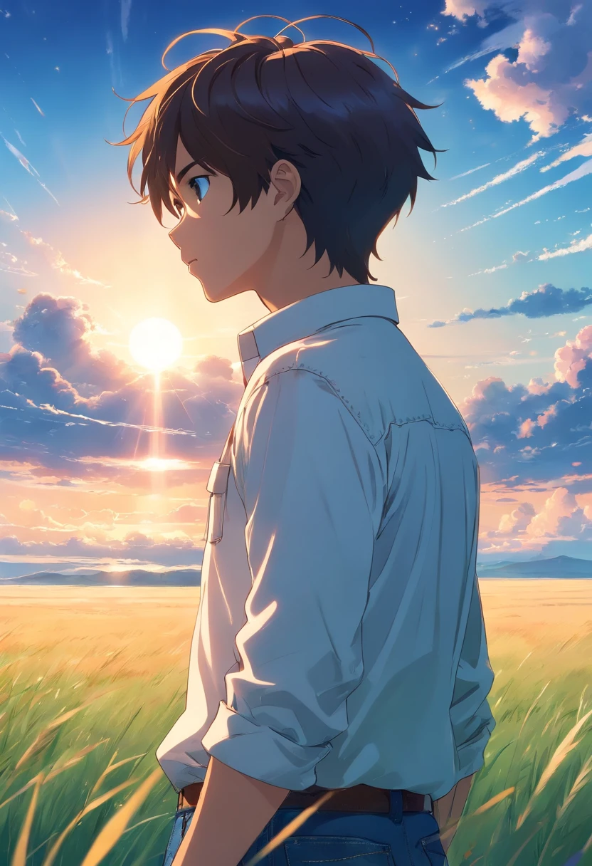 Vast sky, Beautiful skyline, large grasslands, extremely tense and dramatic pictures, moving visual effects, High Polaris, Colorful natural glare. Rear view of a man in a long-sleeved white shirt and denim