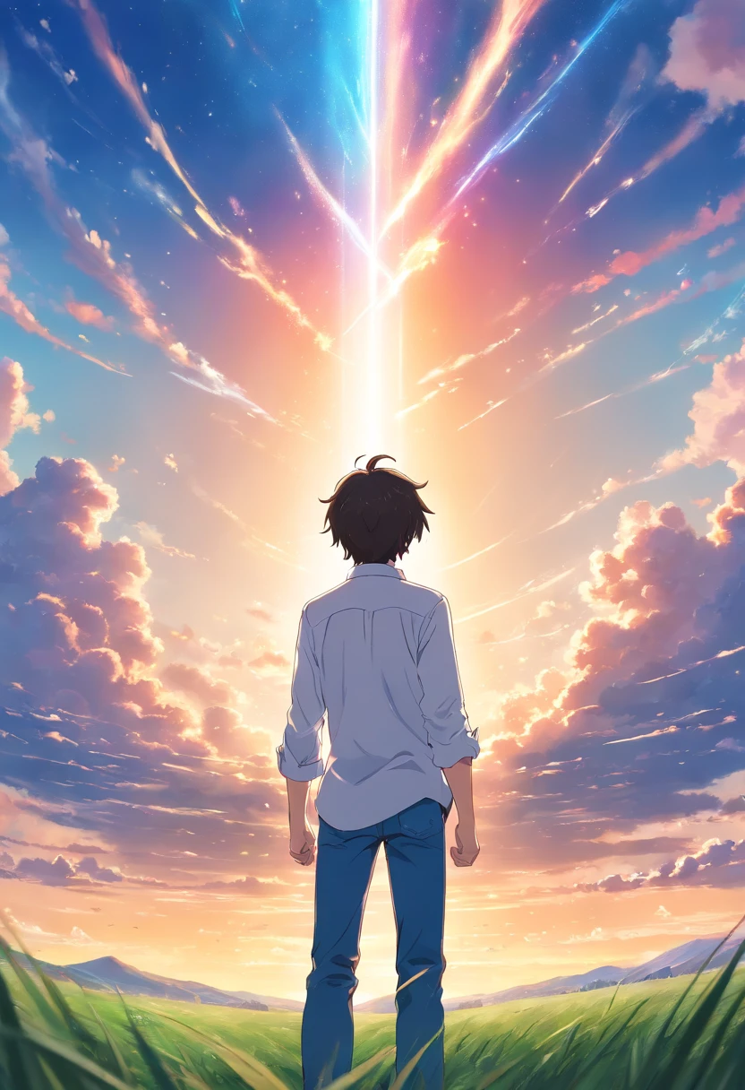 Vast sky, Beautiful skyline, large grasslands, extremely tense and dramatic pictures, moving visual effects, High Polaris, Colorful natural glare. Rear view of a man in a long-sleeved white shirt and denim
