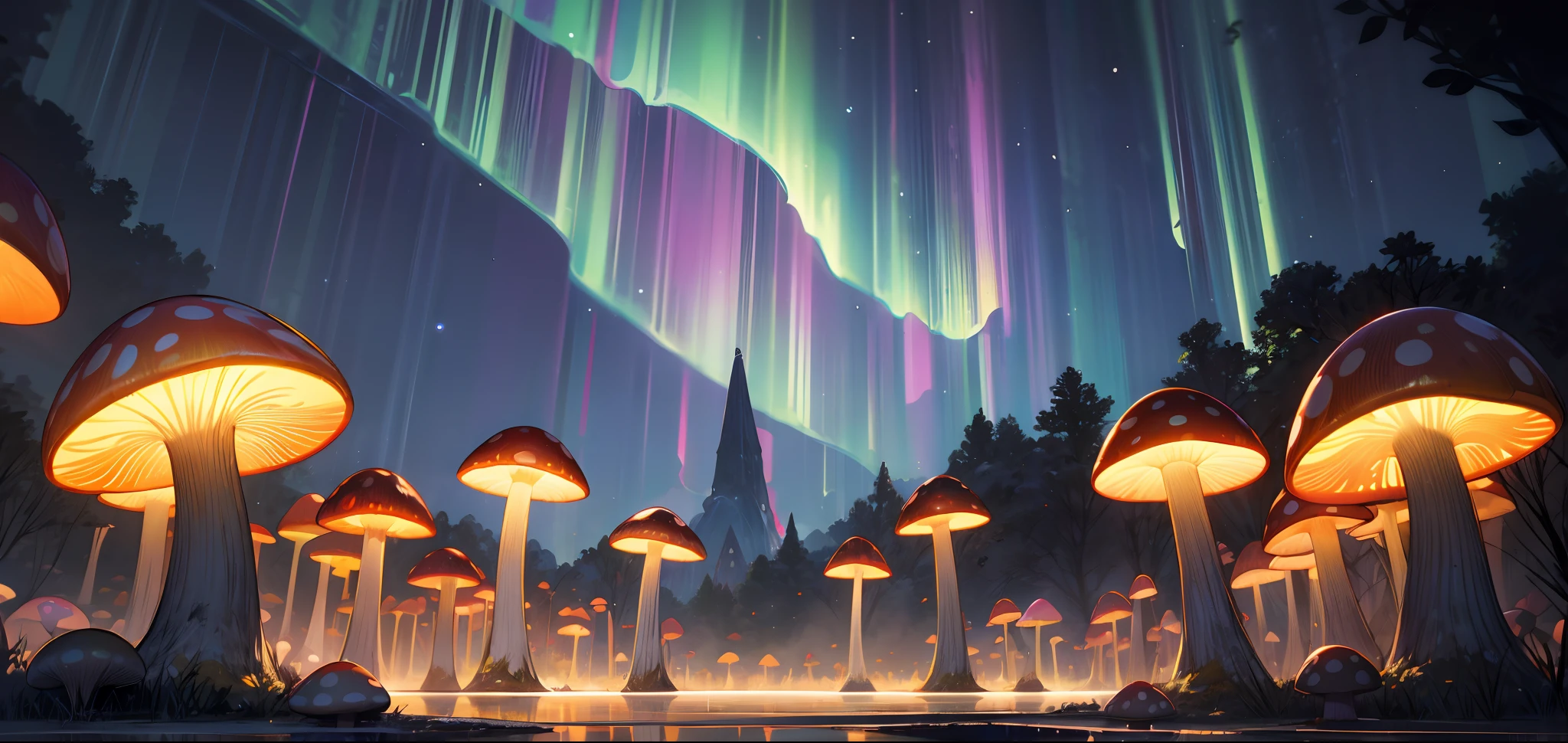 masterpiece, concept art, ultra-wide shot, Aurora, night sky, mushroom forest, mythical, fantasy theme, vibrant color, volumetric lighting, global illumination, reflection, HD