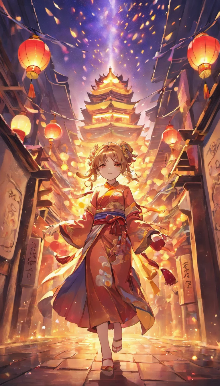 New Year,Chinese-style town,nigh sky,Buddha statue in the center,decorations,Hanging Chinese lanterns,fire works,empty of people
