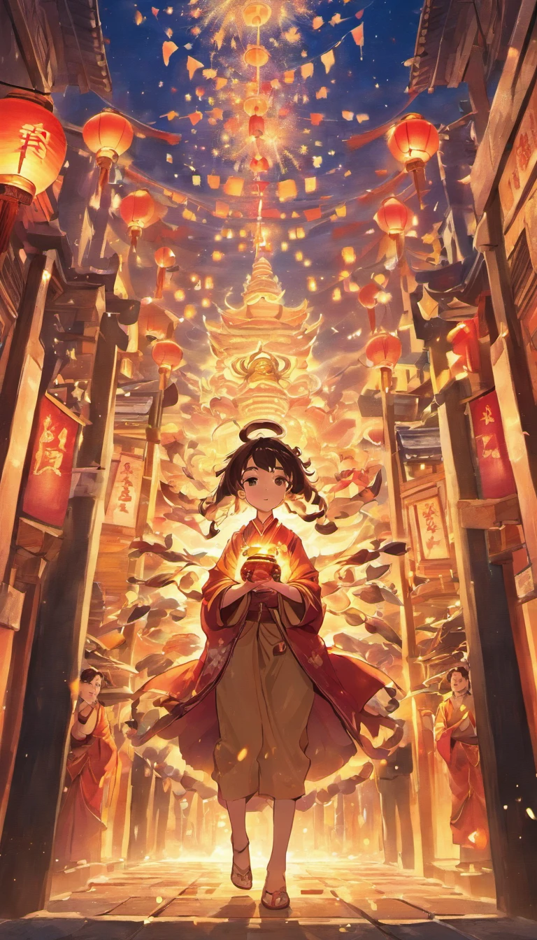 New Year,Chinese-style town,nigh sky,Buddha statue in the center,decorations,Hanging Chinese lanterns,fire works,empty of people