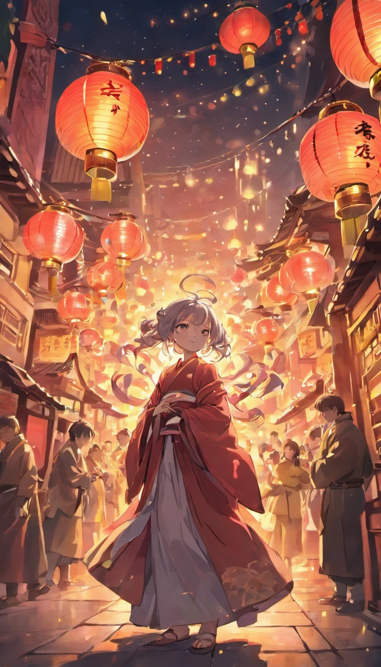 New Year,Chinese-style town,nigh sky,Buddha statue in the center,decorations,Hanging Chinese lanterns,fire works,empty of people