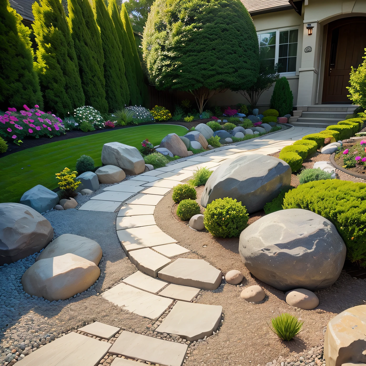 maintenance no grass front yard with Rock Garden