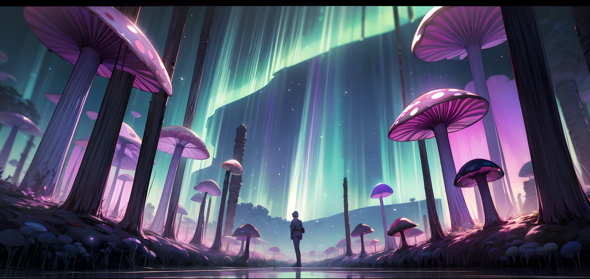 masterpiece, concept art, ultra-wide shot, Aurora, night sky, mushroom forest, mythical, fantasy theme, vibrant color, volumetric lighting, global illumination, reflection, HD