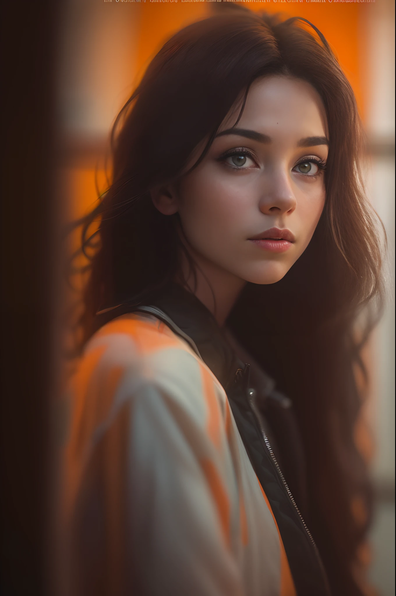 arafed image of a woman, movie art, in front of an orange background, url:https://www.instagram.com/wanda_aiart,wanda_aiart, wanda, female protagonist, perfect cute girl, (8k, RAW photo, best quality, masterpiece:1.2, masterpiec8K.HDR. highresabsurdres:1.2, film grain, blurrybokeh:1.2, masterpiece