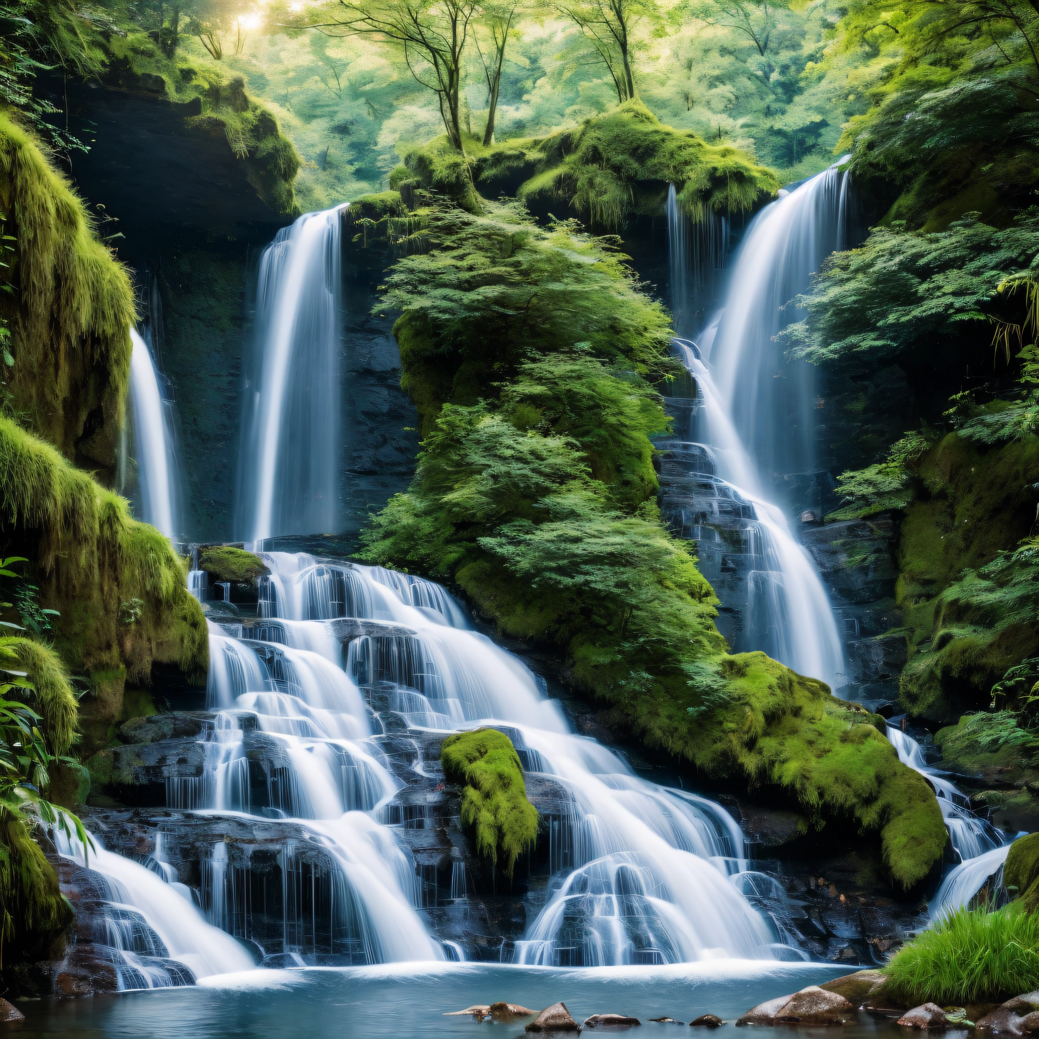 Waterfall is a four-adventurer、Nature Fantasy、landscapes、Convey fairy green, Golden ratio, Animation details, Delicate, Quixel MegaScan Trends, image perfect, 超A high resolution, Perfect composition, Detailed, Super Color, (High Detail Skin: 1.2), 8K Ultra High Definition, dslr camera, Soft lighting, High quality, Film grain, FUJI XT3 --auto