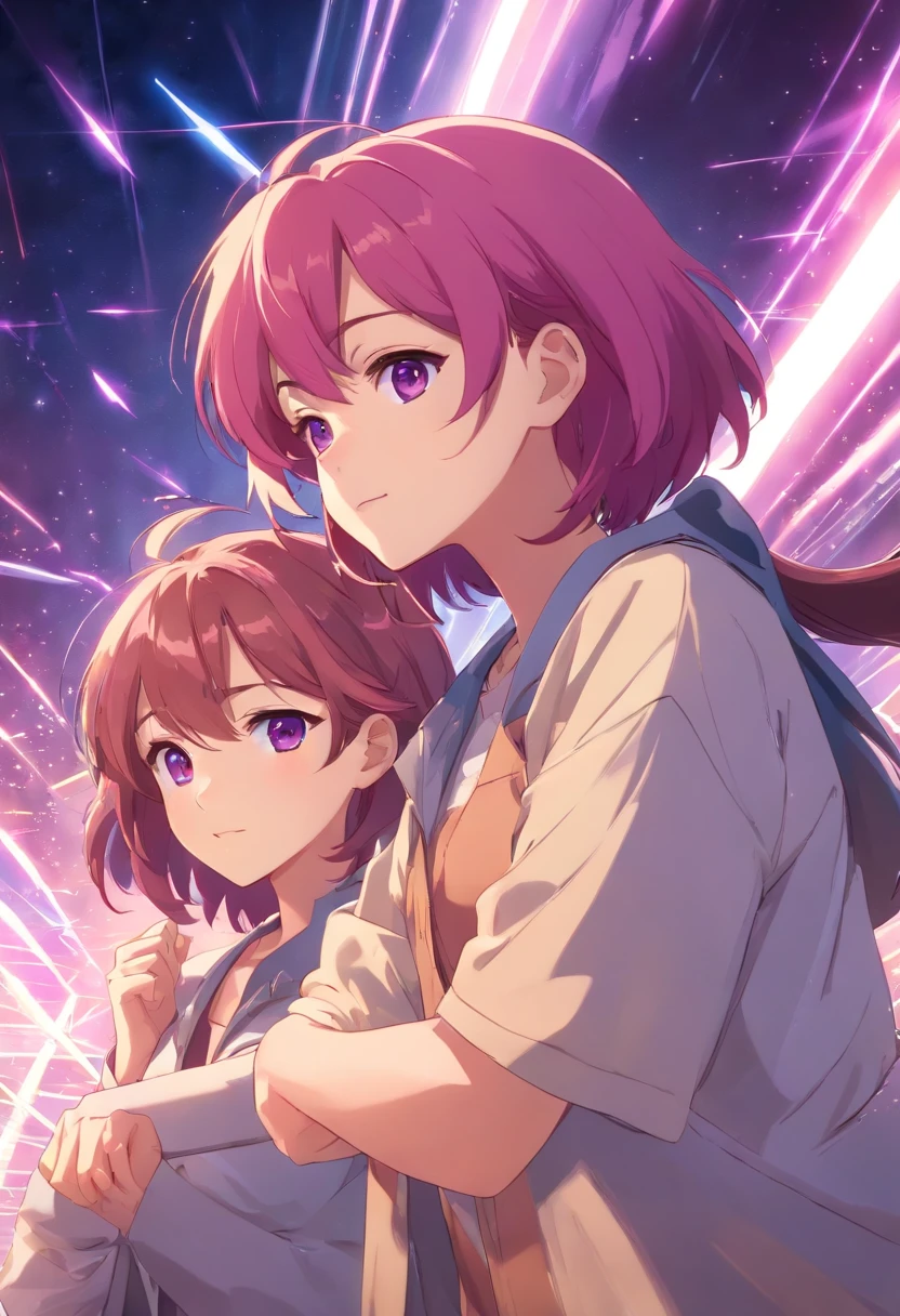 2 girls, pink hair and purple eyes, short hair, brown hair and brown eyes, long hair, idol composition, laser beam, spotlight, stage background