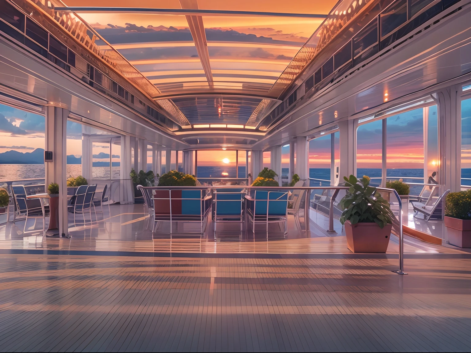Watch the sunset in the distance from the cruise deck, Far Mountain, evening light.