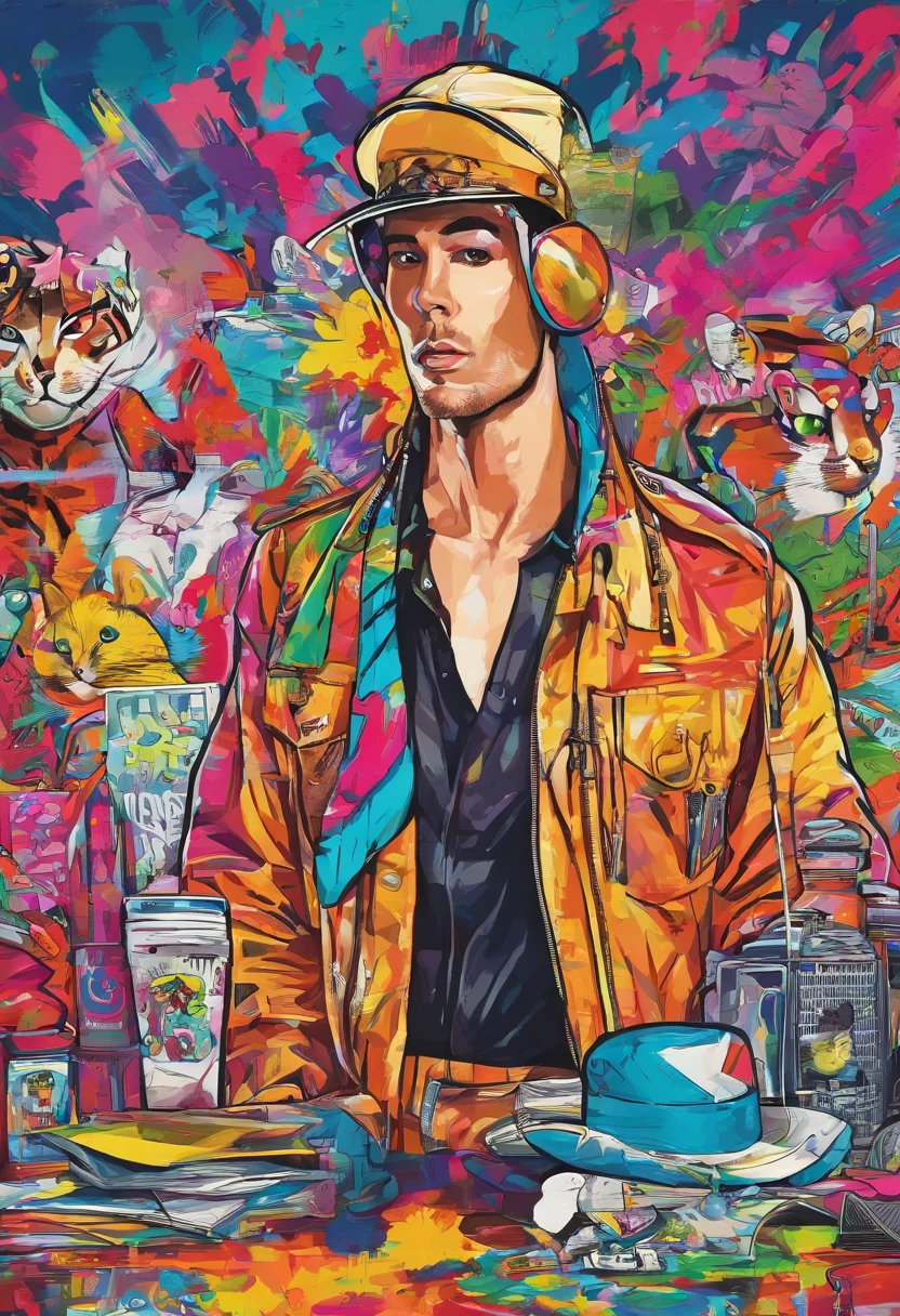 a painting of a Cristiano wearing a hat and scarf, trending in the art station, dressed in punk clothes, detailed hyper realistic rendering, british gang member, street style, intimidating pose, planet of the cats, clothes with fashion, urban samurai, meow, west slavic features, 8 1 5, animations