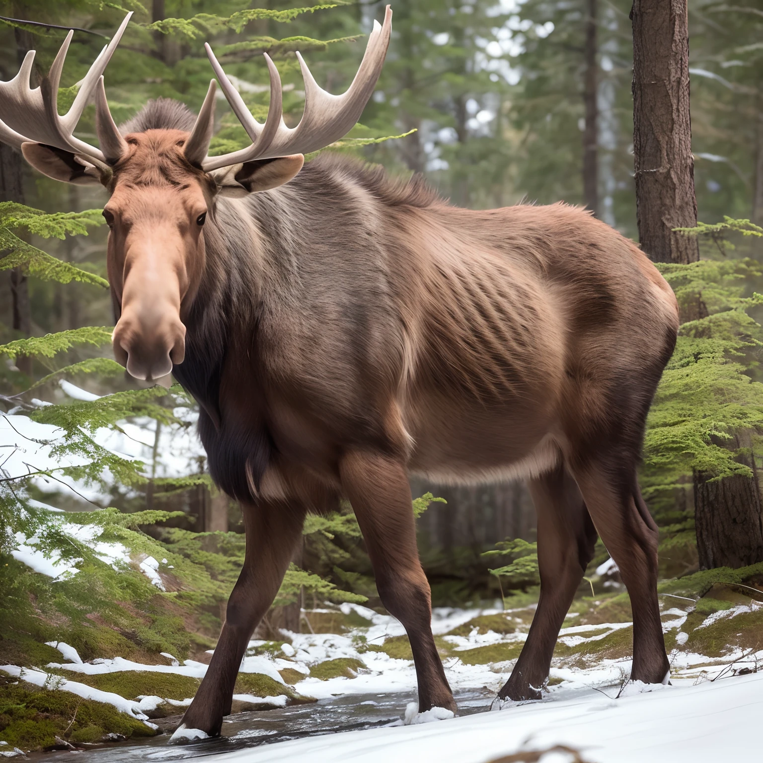 8K RAW Photos,Maximum RAW Quality, (A view from the point of view of the observer (Photographer) side). Image of a moose in the forest, Detailed body parts, highly detailed skin, detailed horns,highest quality image, real-photo.