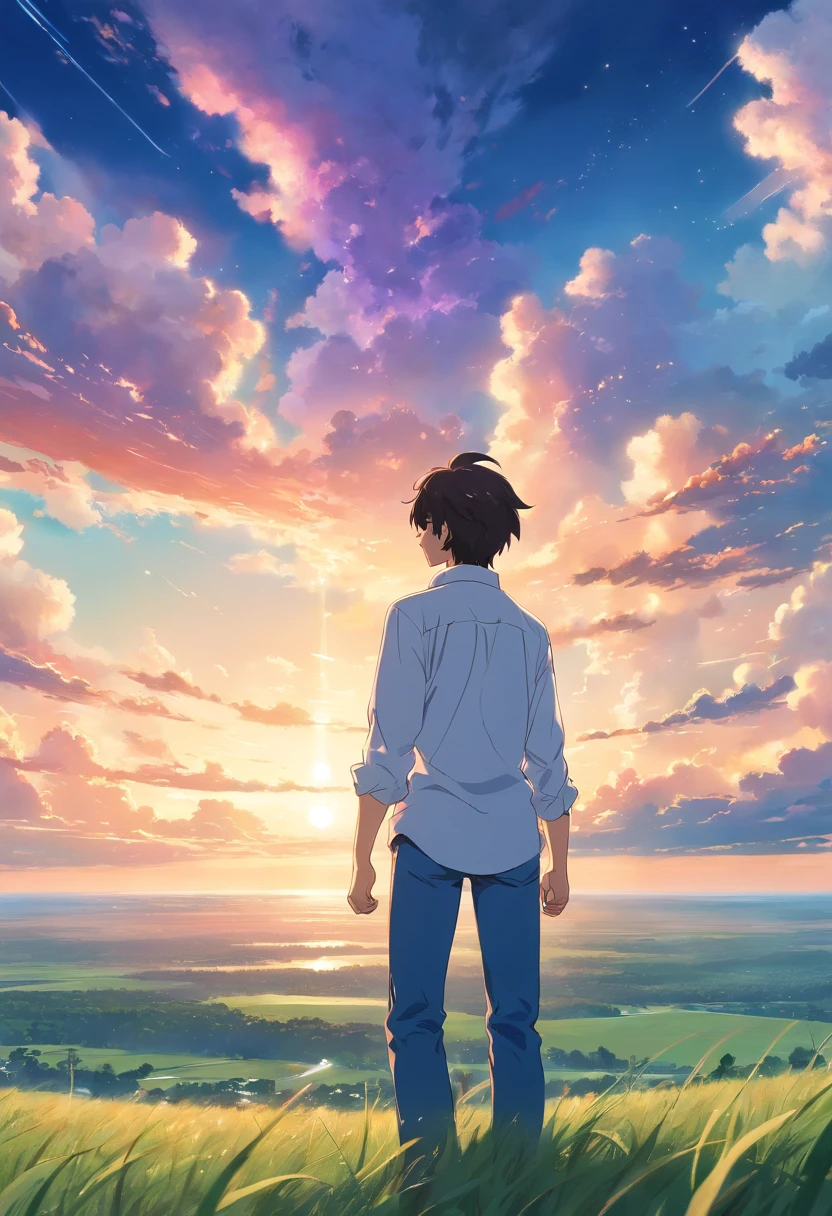 Vast sky, Beautiful skyline, large grasslands, extremely tense and dramatic pictures, moving visual effects, High Polaris, Colorful natural glare. Rear view of a man in a long-sleeved white shirt and denim