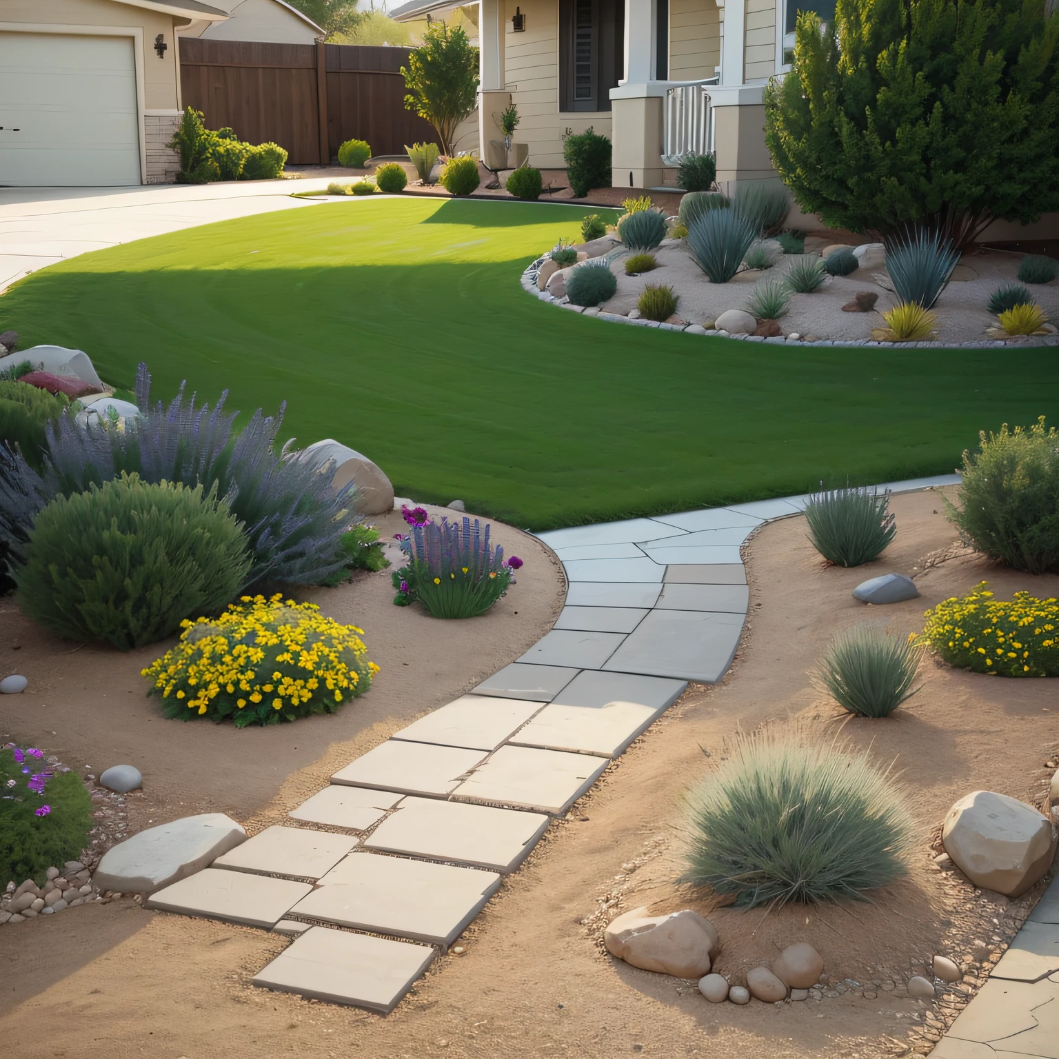 maintenance no grass front yard with Xeriscaping