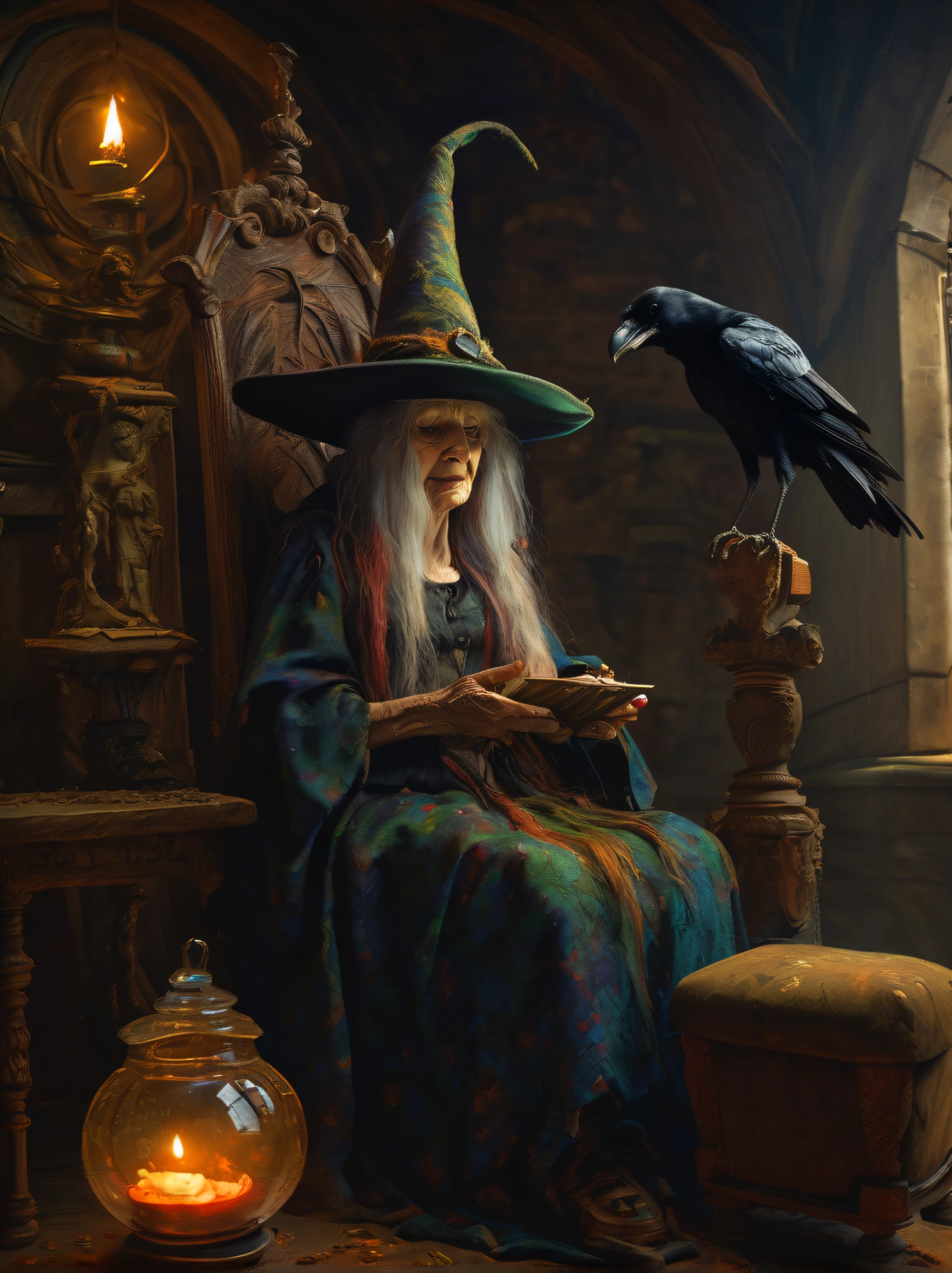 Disney witch image,Old hag,In a room in a Gothic building,Sit in a Kadilau chair in the background,A crow rests on a chair,Sonest Raven,The witch holds a wand,Wrapped on a crystal ball,Vivid image,Dark painting style,Colorful color variations,lightand shade contrast,Beautifully composed,(by Greg Rutkowski: 1.2), (masterpiece), ((best quality)), extremely delicate and beautiful, illustration, dynamic lighting, 8K post-production, high resolution, ((highly detailed)), depth of field, HDR, intricate, From Brian Froud and Carne Griffiths and Wadim Kashin and John William Waterhouse