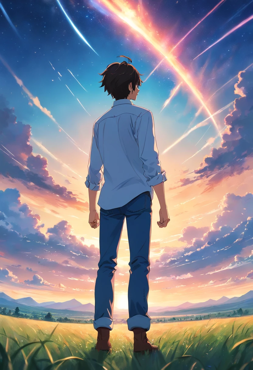 Vast sky, Beautiful skyline, large grasslands, extremely tense and dramatic pictures, moving visual effects, High Polaris, Colorful natural glare. Rear view of a man in a long-sleeved white shirt and denim
